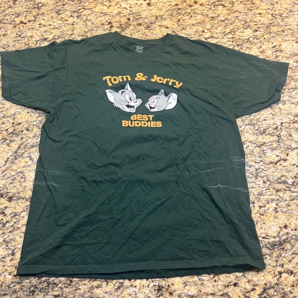 Tom & Jerry Best Buddies Graphic T-Shirt Mens XL Green Cartoon Double‎ Sided Tee